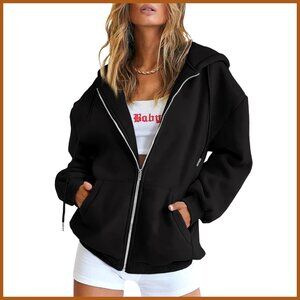 Oversized Zip Up Hoodie with Kangaroo Pocket, Polyester Blend Fabric